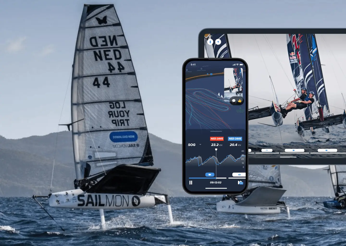 A foiling dinghy racing upwind, with the Sailmon app tracking the race on a phone and tablet.